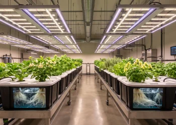 Modern indoor hydroponic grow room using full-spectrum LED grow lights with supplemental UV-A and UV-B lighting, showing healthy flowering plants, programmable lighting, and environmental monitoring equipment.