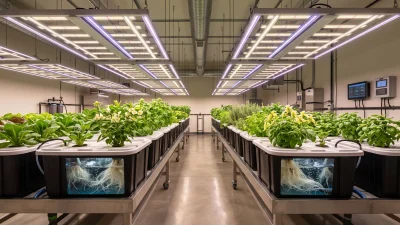 Modern indoor hydroponic grow room using full-spectrum LED grow lights with supplemental UV-A and UV-B lighting, showing healthy flowering plants, programmable lighting, and environmental monitoring equipment.