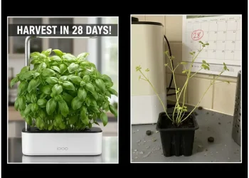 Side-by-side comparison of a perfect marketing photo for a hydroponic kit vs a real-world result on day 28 showing stunted growth.