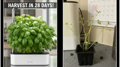 Side-by-side comparison of a perfect marketing photo for a hydroponic kit vs a real-world result on day 28 showing stunted growth.