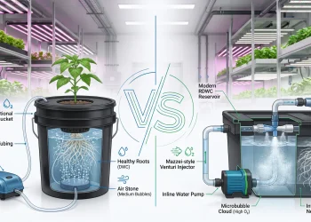 Side-by-side comparison of a Venturi air injector and a traditional air stone aerating a DWC hydroponic reservoir.