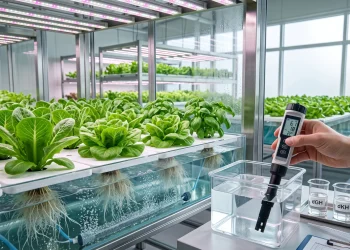 Digital water quality meter testing hydroponic reservoir with healthy lettuce growing under LED lights