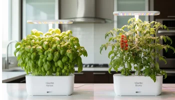 A visual comparison of the AeroGarden Harvest and Bounty models, showcasing the difference in size, plant growth, and capabilities for a detailed review.
