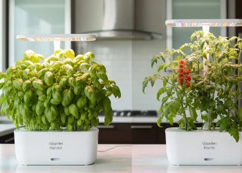 A visual comparison of the AeroGarden Harvest and Bounty models, showcasing the difference in size, plant growth, and capabilities for a detailed review.
