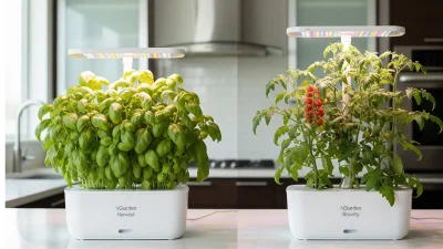 A visual comparison of the AeroGarden Harvest and Bounty models, showcasing the difference in size, plant growth, and capabilities for a detailed review.