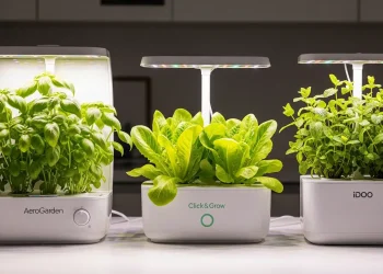 A side-by-side comparison of the AeroGarden, Click & Grow, and iDOO countertop hydroponic systems, illustrating their design differences and ideal use cases.