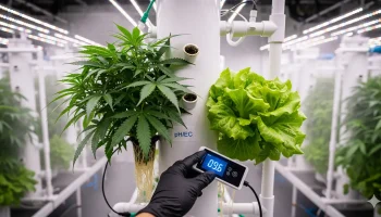 An expert guide to aeroponic nutrient management, showing a grower adjusting an EC and pH meter.