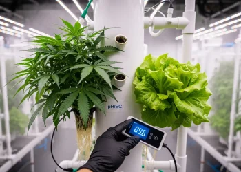 An expert guide to aeroponic nutrient management, showing a grower adjusting an EC and pH meter.