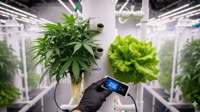 An expert guide to aeroponic nutrient management, showing a grower adjusting an EC and pH meter.