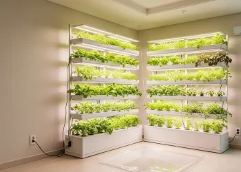 A vertical hydroponic garden with a clear catch tray in a modern apartment, showcasing a leak-proof setup.
