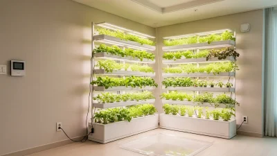 A vertical hydroponic garden with a clear catch tray in a modern apartment, showcasing a leak-proof setup.