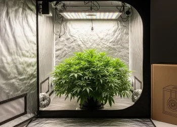 A single, healthy cannabis plant thriving in a 2x2 hydroponic grow tent, demonstrating the success possible with the best hydroponic kits for beginners.