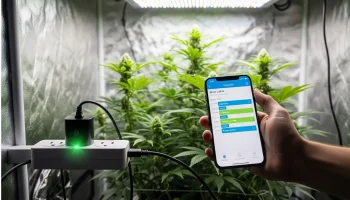 A grower using a smartphone app to program the best timers and smart plugs for a hydroponic system, demonstrating the automation of a grow.