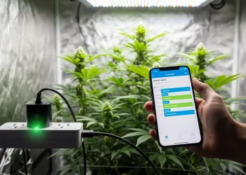 A grower using a smartphone app to program the best timers and smart plugs for a hydroponic system, demonstrating the automation of a grow.