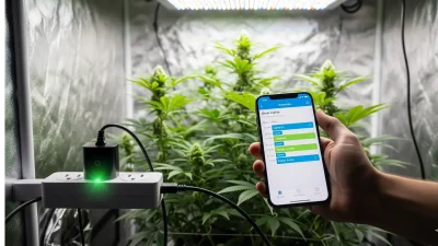 A grower using a smartphone app to program the best timers and smart plugs for a hydroponic system, demonstrating the automation of a grow.