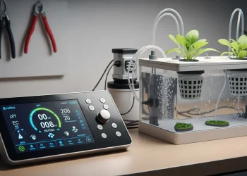 A budget hydroponic controller setup, showing the display and connected probes for a hydroponic system.