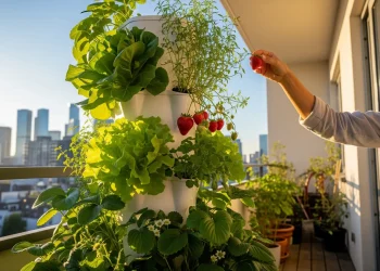 A DIY vertical hydroponic system on an urban balcony, showcasing a high-yield urban food tower.