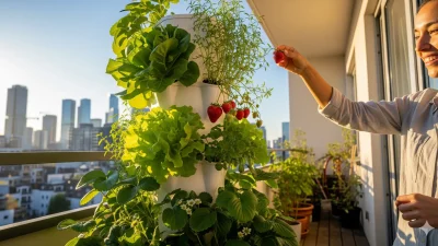 A DIY vertical hydroponic system on an urban balcony, showcasing a high-yield urban food tower.
