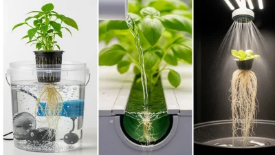A side-by-side comparison of hydroponic systems, showing DWC, NFT, and Aeroponics to help growers choose the right one