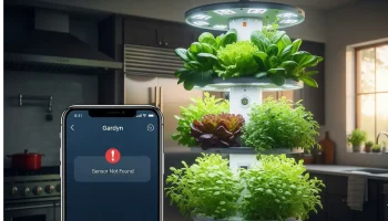 A visual review of the Gardyn smart garden, showcasing a successful crop of plants in contrast with a glitching app on a smartphone.