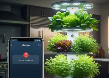 A visual review of the Gardyn smart garden, showcasing a successful crop of plants in contrast with a glitching app on a smartphone.