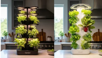 A visual comparison of the Gardyn and Lettuce Grow vertical hydroponic systems, illustrating their design differences and how they fit into a home environment.