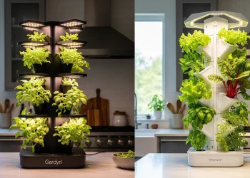 A visual comparison of the Gardyn and Lettuce Grow vertical hydroponic systems, illustrating their design differences and how they fit into a home environment.