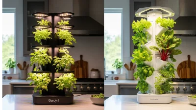 A visual comparison of the Gardyn and Lettuce Grow vertical hydroponic systems, illustrating their design differences and how they fit into a home environment.
