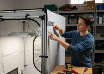 A person inspecting the fabric and frame of a new grow tent before purchasing.