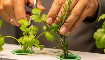 A close-up showing fresh, potent hydroponic cilantro and rosemary, demonstrating the success of year-round herb cultivation.