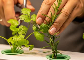 A close-up showing fresh, potent hydroponic cilantro and rosemary, demonstrating the success of year-round herb cultivation.