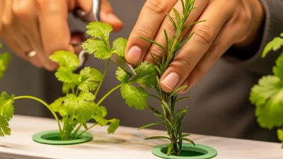 A close-up showing fresh, potent hydroponic cilantro and rosemary, demonstrating the success of year-round herb cultivation.