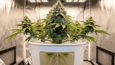 A beautiful cannabis plant thriving in a hydroponic cannabis setup, showcasing the potential for huge yields.
