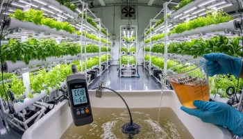 A grower following the correct process for how to mix hydroponic nutrients, with an EC meter visible to ensure proper water chemistry.