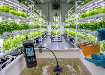 A grower following the correct process for how to mix hydroponic nutrients, with an EC meter visible to ensure proper water chemistry.