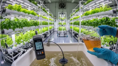 A grower following the correct process for how to mix hydroponic nutrients, with an EC meter visible to ensure proper water chemistry.