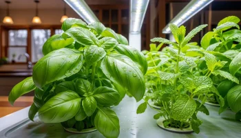 A vibrant indoor hydroponic basil and mint garden thriving under LED grow lights.