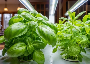 A vibrant indoor hydroponic basil and mint garden thriving under LED grow lights.