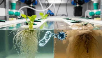 A side-by-side view showing the difference between a healthy hydroponic root system and one with a thick, slimy biofilm caused by pathogenic bacteria.