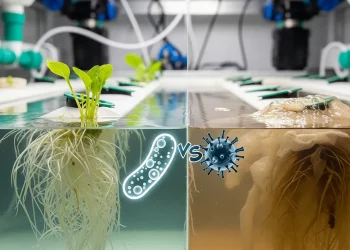 A side-by-side view showing the difference between a healthy hydroponic root system and one with a thick, slimy biofilm caused by pathogenic bacteria.