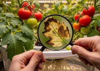A grower using a magnifying glass to examine a hydroponic tomato plant showing early signs of a hydroponic calcium magnesium deficiency.