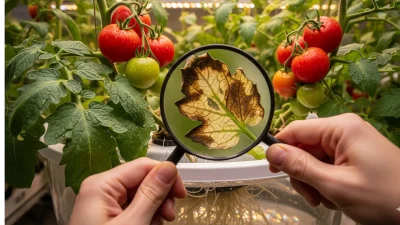 A grower using a magnifying glass to examine a hydroponic tomato plant showing early signs of a hydroponic calcium magnesium deficiency.