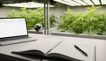 A physical grow journal template open on a workbench with a laptop showing a digital version.