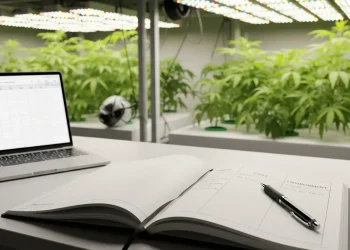 A physical grow journal template open on a workbench with a laptop showing a digital version.