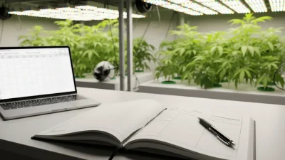A physical grow journal template open on a workbench with a laptop showing a digital version.