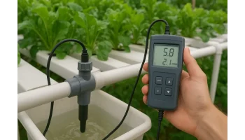 A side-by-side comparison of an inline hydroponic sensor and a handheld meter, demonstrating the difference in monitoring technology for pH and EC.