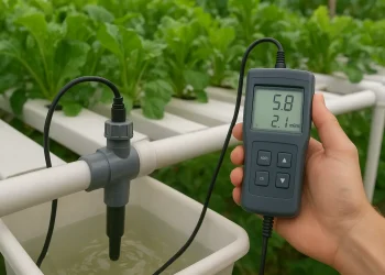 A side-by-side comparison of an inline hydroponic sensor and a handheld meter, demonstrating the difference in monitoring technology for pH and EC.