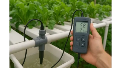 A side-by-side comparison of an inline hydroponic sensor and a handheld meter, demonstrating the difference in monitoring technology for pH and EC.