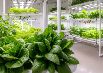 A beautiful head of crisp, green hydroponic lettuce ready for harvest.