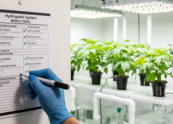 A grower using a weekly maintenance checklist for their hydroponic system.
